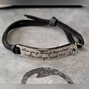 Scripture Black Faux Leather Bracelet W/ Verse On Silver Pkate.